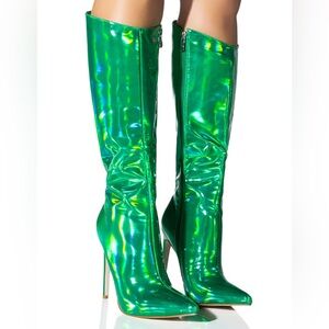 AZALEA WANG Green Holographic Knee High Stiletto Boot